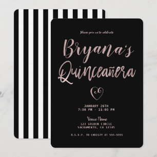 Convite Listras Preto e Branco Rosa Dourado 15 Quinceañera