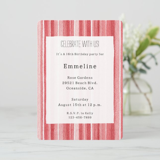 Convite Listras Rosa Bege Branco Vermelho Aniversário (Em pé/Frente)