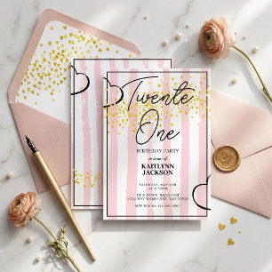 Convite Listras Rosa Confete Dourado Corações Aniversário