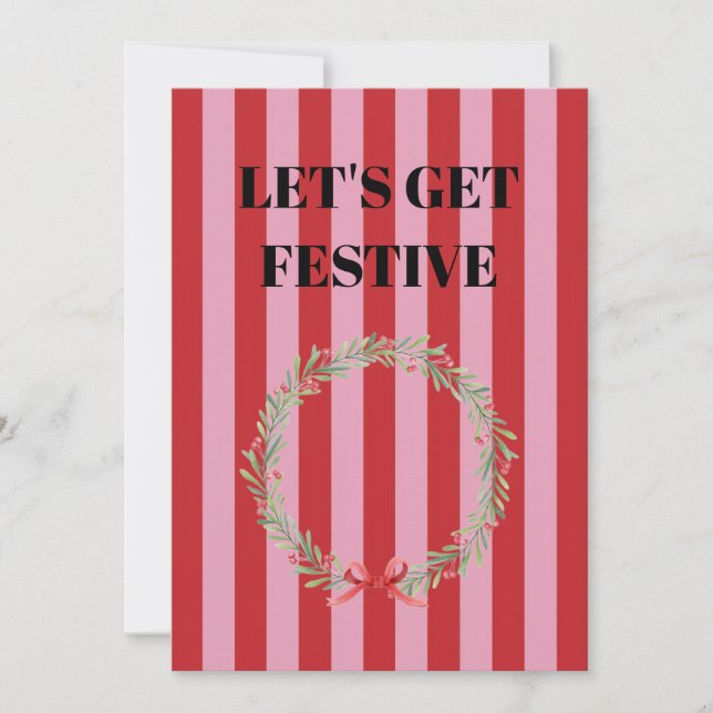 Convite Listras rosa e vermelha com coroa de Natal (Frente)