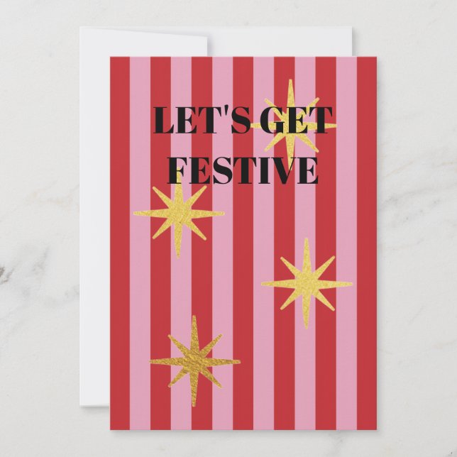 Convite Listras rosa e vermelha com estrelas de Natal (Frente)