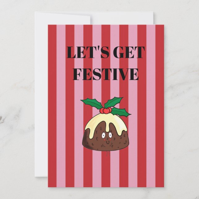 Convite Listras rosa e vermelha com pudim de Natal (Frente)