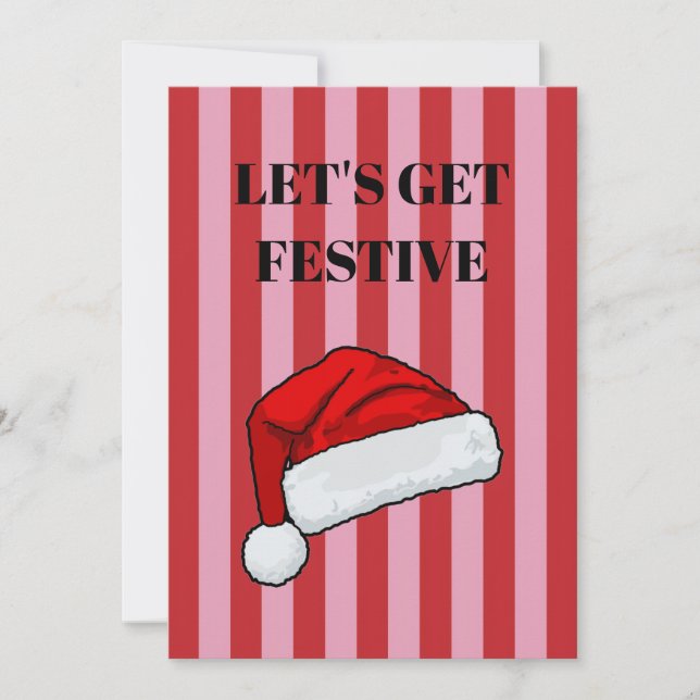 Convite Listras rosa e vermelha e chapéu de Natal (Frente)