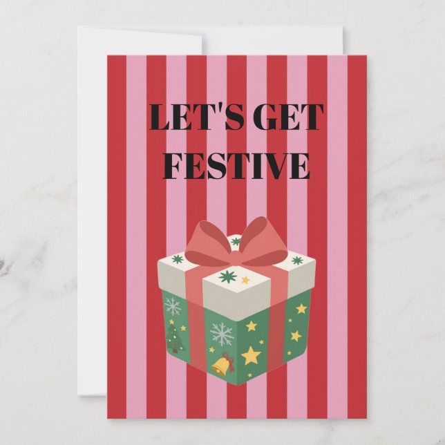 Convite Listras rosa e vermelha e presente de Natal (Frente)