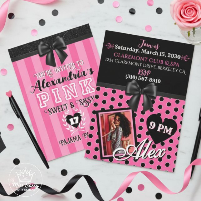Convite Listras ROSA Preto Aniversário Qualquer Idade Foto (Top-down view of Pink Stripes Black Birthday Invitation showing front and back, pink and black color)