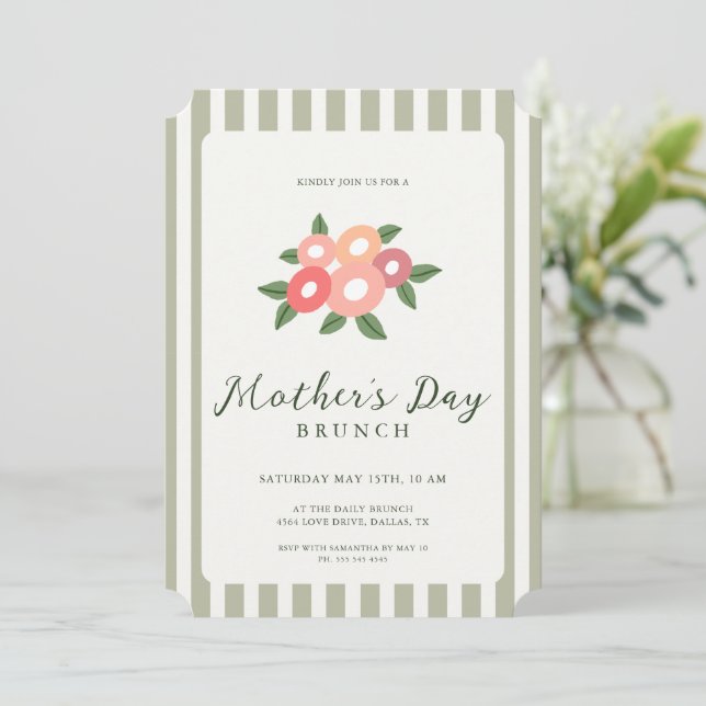 Convite Listras Simples Floral Brunch do Dia das Mães (Em pé/Frente)