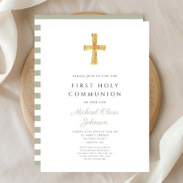 Convite Listras Verde Sage Modernas Cruz Primeira Comunhão