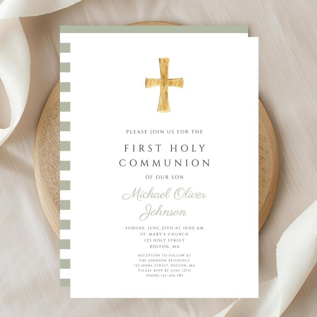 Convite Listras Verde Sage Modernas Cruz Primeira Comunhão (Modern Sage Green Stripes Cross First Communion Invitation)