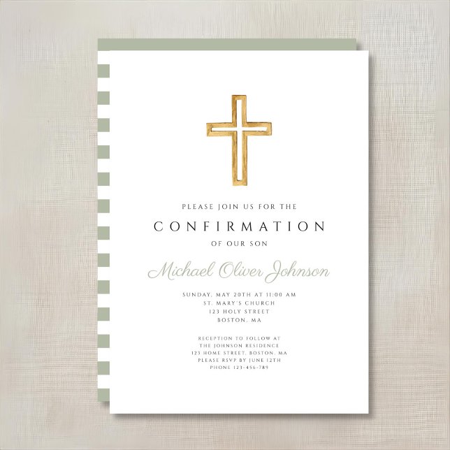 Convite Listras Verde Salgueiro Religioso Confirmação Meni (Sage Green Stripes Religious Boy Confirmation Invitation)