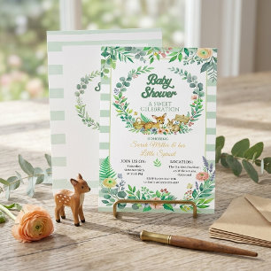 Convite Listras Verde Sálvia Aquarela Animais da Floresta