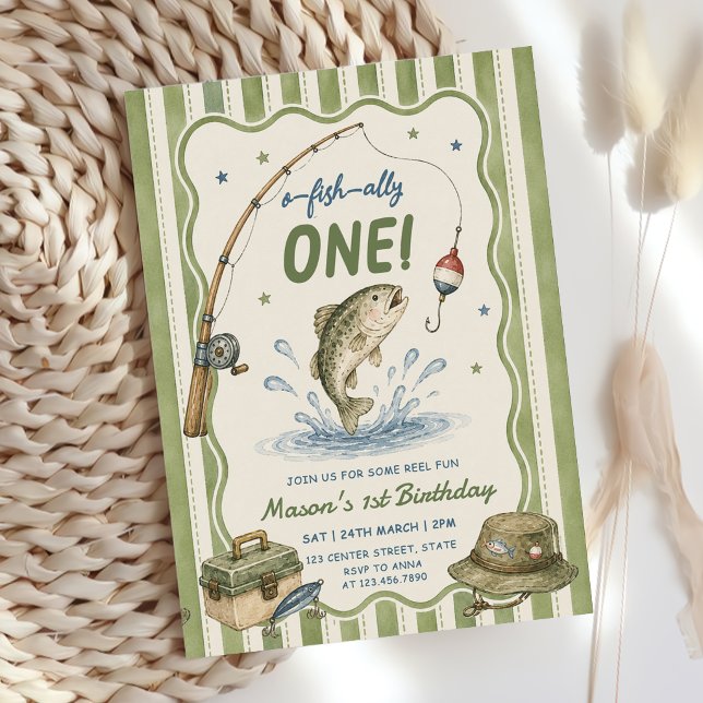Convite Listras Verdes O-Fish-Ally Um Aniversário  (Criador carregado)