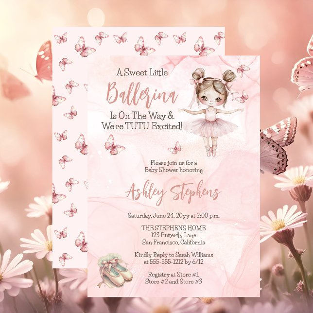 Convite Little Ballerina Está A Caminho Do Chá de fraldas  ("A Sweet Little Ballerina Is On The Way & We're TUTU Excited!" Pink Girl Baby Shower Invitation)