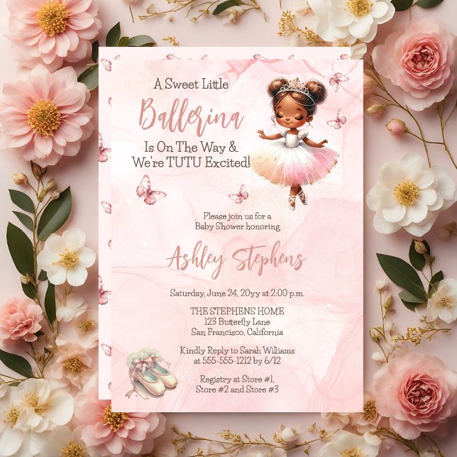 Convite Little Ballerina Está A Caminho Do Chá de fraldas  ("A Sweet Little Ballerina Is On The Way & We're TUTU Excited!" Pink Girl Baby Shower Invitation)