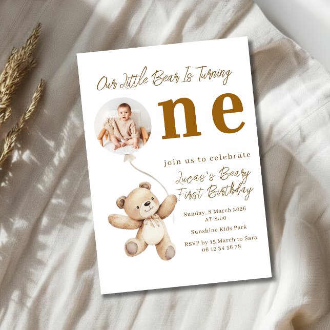 Convite Little Bear First Birthday Photo Party Invitation (Criador carregado)