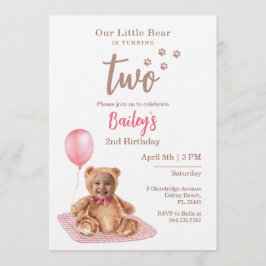Convite Little Bear Pink Any Age Birthday Photo Invitation