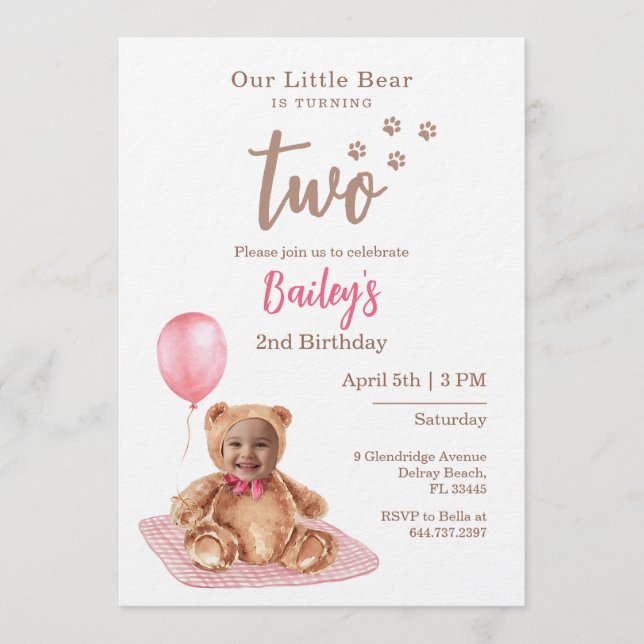 Convite Little Bear Pink Any Age Birthday Photo Invitation (Frente)