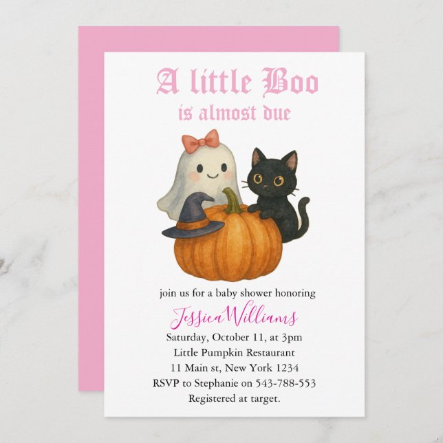 Convite Little Boo Is Almost Due Halloween Baby Shower (Frente/Verso)