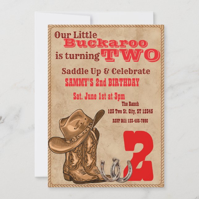 Convite Little Buckaroo Two, Western 2nd Birthday (Frente)