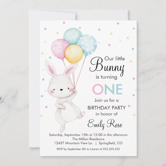 Convite Little Bunny Balloons Birthday Invitation (Frente)