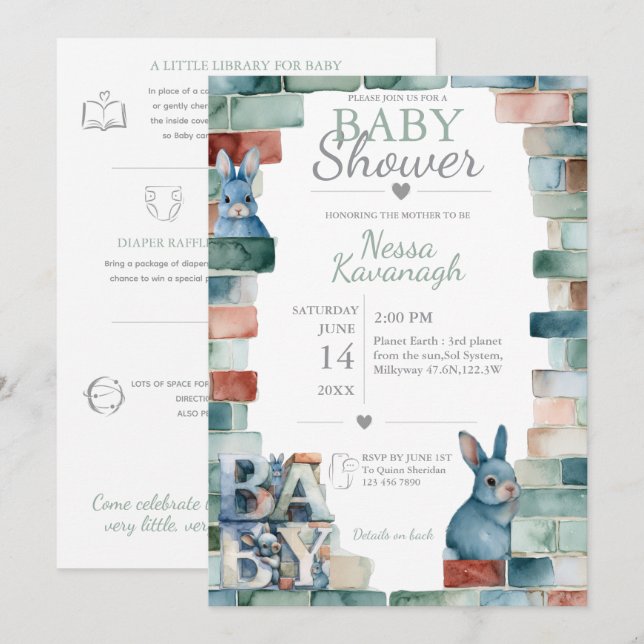Convite Little Bunny Blocks | Chás de Bebê (Frente/Verso)