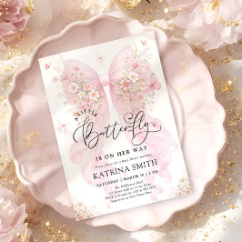 Convite Little Butterfly Pink Bow Girl Baby Shower