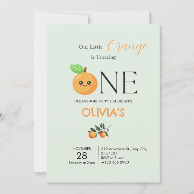 Convite Little Citrus Orange 1st Birthday Invitation   (Frente)