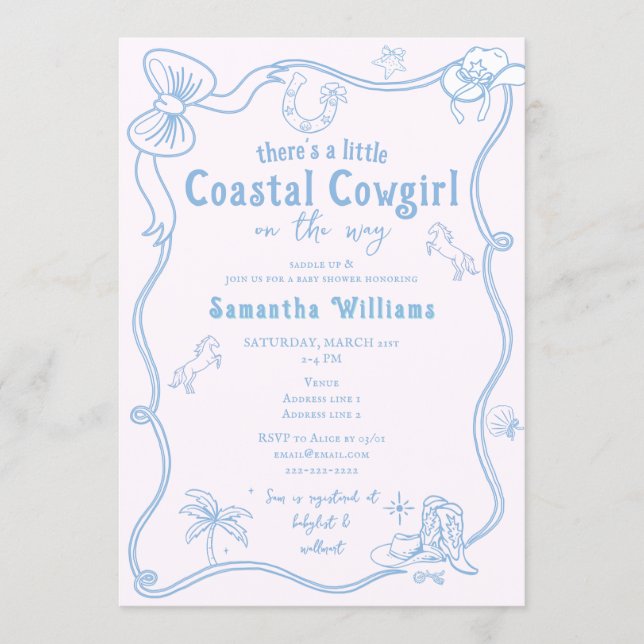 Convite Little Coastal Cowgirl Pink Blue Girl Baby Shower (Frente)