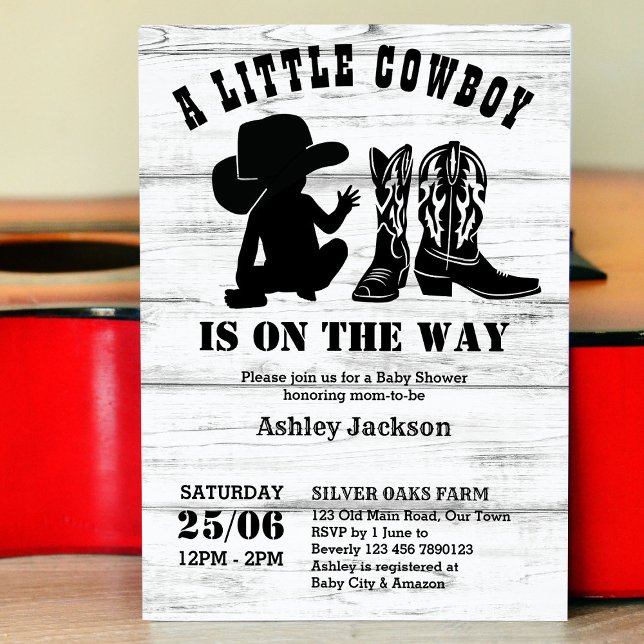 Convite Little cowboy rustic black and white baby shower (Criador carregado)