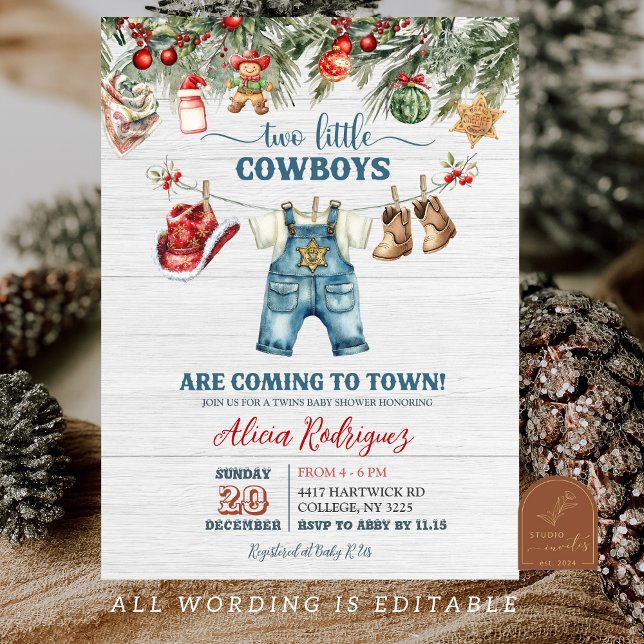 Convite Little Cowboy Western Holiday Twins Baby Shower (Criador carregado)
