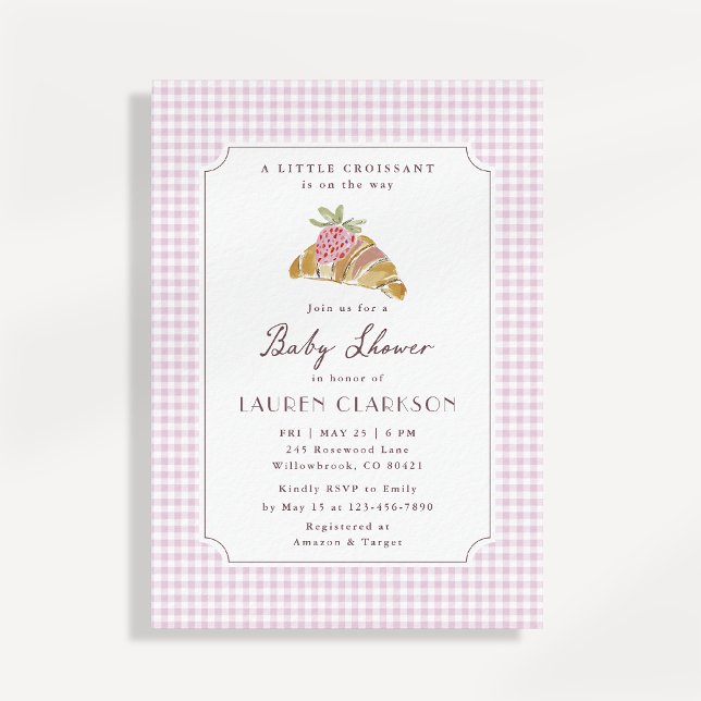Convite Little Croissant Pink Gingham French Baby Shower (Criador carregado)