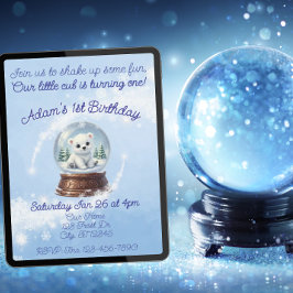 Convite Little Cub One, Polar Bear Snow Globe Birthday