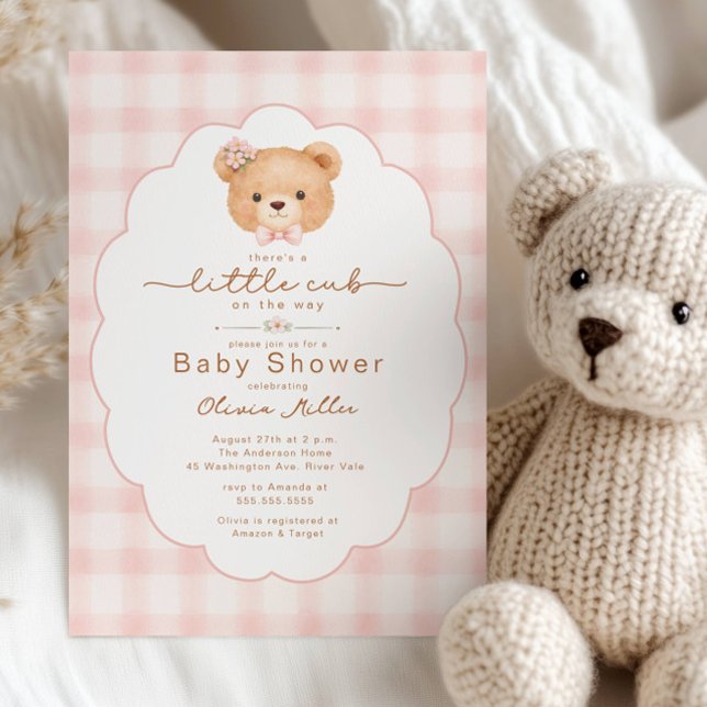 Convite Little Cub Pink Gingham Baby Shower Invite (Criador carregado)