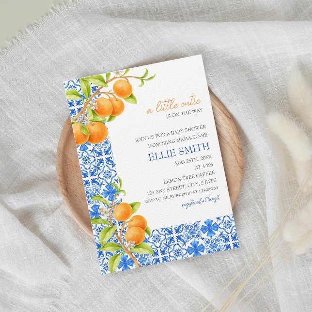 Convite Little Cutie | Chá de fraldas de citrinos mediterr (Mediterranean tiles and tangerines baby shower invitation)