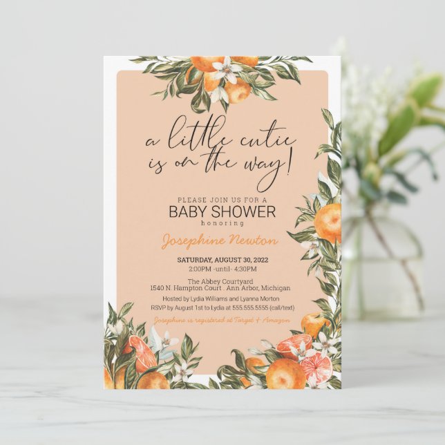 Convite Little Cutie no Way Orange Citrus Chá de fraldas (Em pé/Frente)