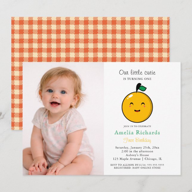 Convite  Little Cutie Orange Citrus 1st Birthday  (Frente/Verso)