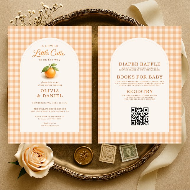 Convite Little Cutie Orange Gingham All in One Baby Shower (Criador carregado)