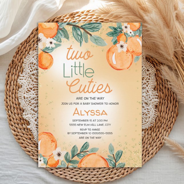 Convite Little Cutie Orange Green Twin Baby Shower (Two Little Cuties twin baby shower invitation)