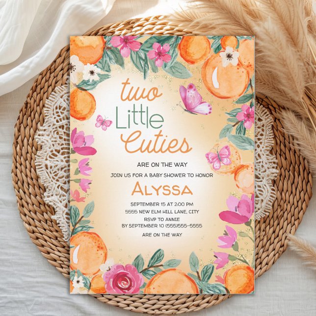 Convite Little Cuties Orange Pink Floral Butterflies Twin (Two Little Cuties orange with pink floral twin baby shower invitation)