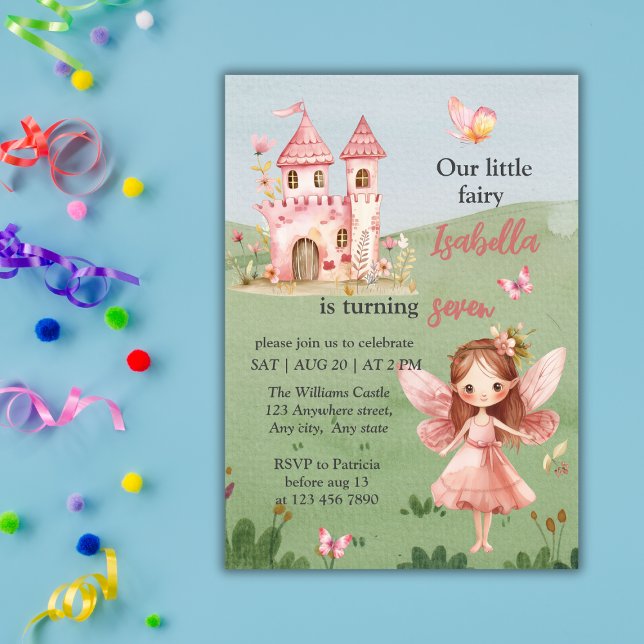 Convite Little Fairy Pink Castle Butterfly Any Age  (Criador carregado)