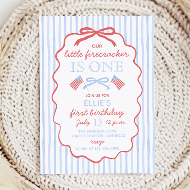 Convite Little Firecracker 4th of July 1st Birthday (Criador carregado)