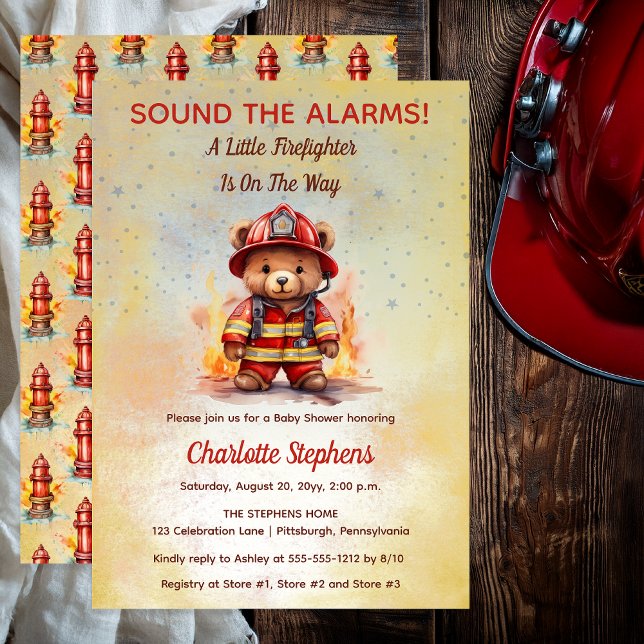 Convite Little Firefighter Teddy Bear Baby Shower (Sound the Alarms!  A Little Firefighter Is On The Way Cute Teddy Bear Baby Shower Invitation )