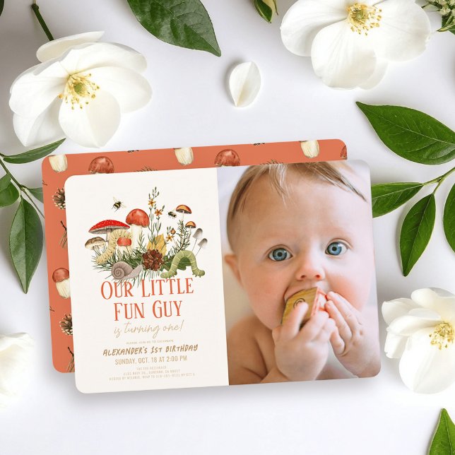 Convite Little Fun Guy Mushroom Worms Photo 1st Birthday (Criador carregado)