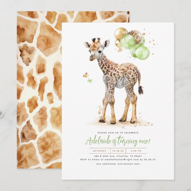 Convite Little Giraffe Green e Brown Boho Birthday (Frente/Verso)