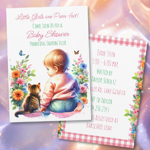 Convite Little Girl and Kitten Chá de fraldas de aquarel