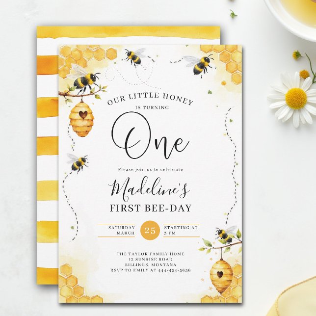 Convite Little Honey Bee-Day Watercolor Comb 1st Birthday (little honey bee one first birthday party invitation floral watercolor summer modern stripes)