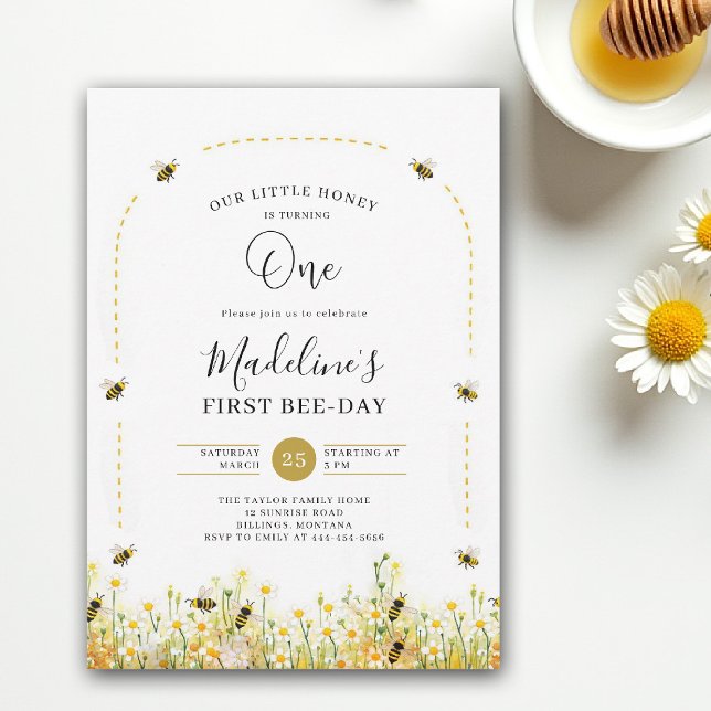 Convite Little Honey Bee Day Wildflowers Arch 1st Birthday (little honey bee one first birthday party invitation floral watercolor summer modern wildflowers)