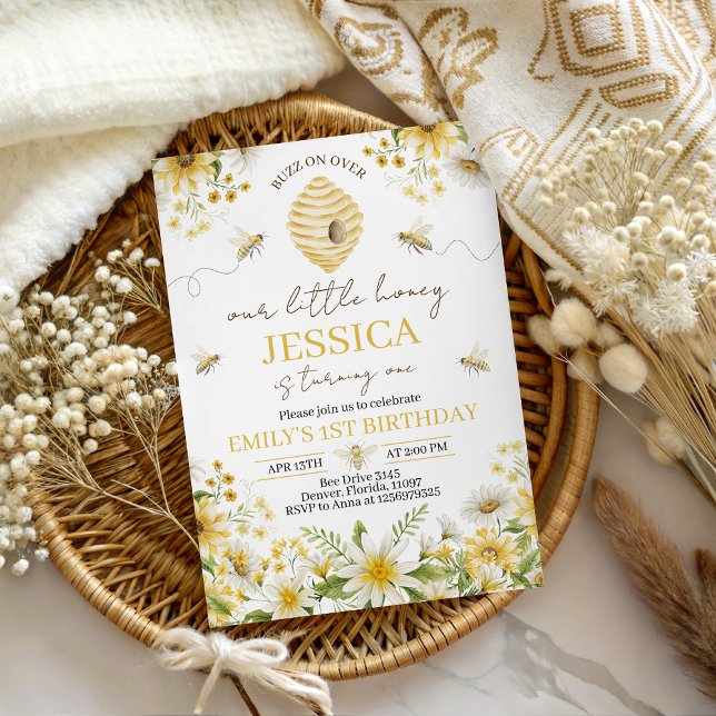 Convite Little Honey Bee Floral First Birthday Invite (Criador carregado)