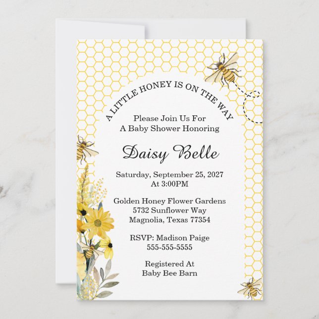Convite Little Honey Bee On The Way Yellow Baby Shower (Frente)