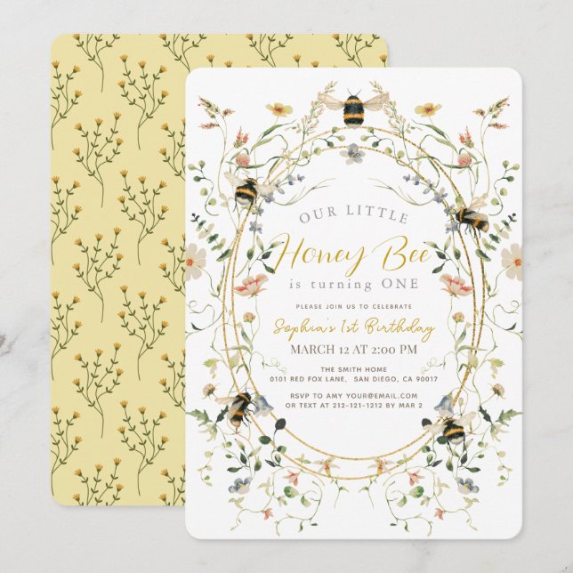 Convite Little Honey Bee Wildflower Girl 1st Birthday (Frente/Verso)