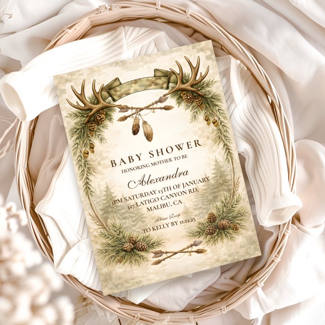 Convite Little Hunter Antler Woodland Baby Shower (Criador carregado)
